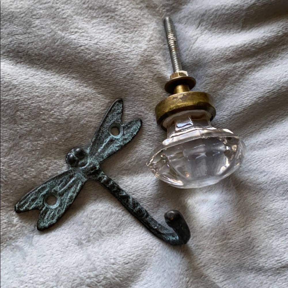 Glass Drawer knob and metal dragonfly hook